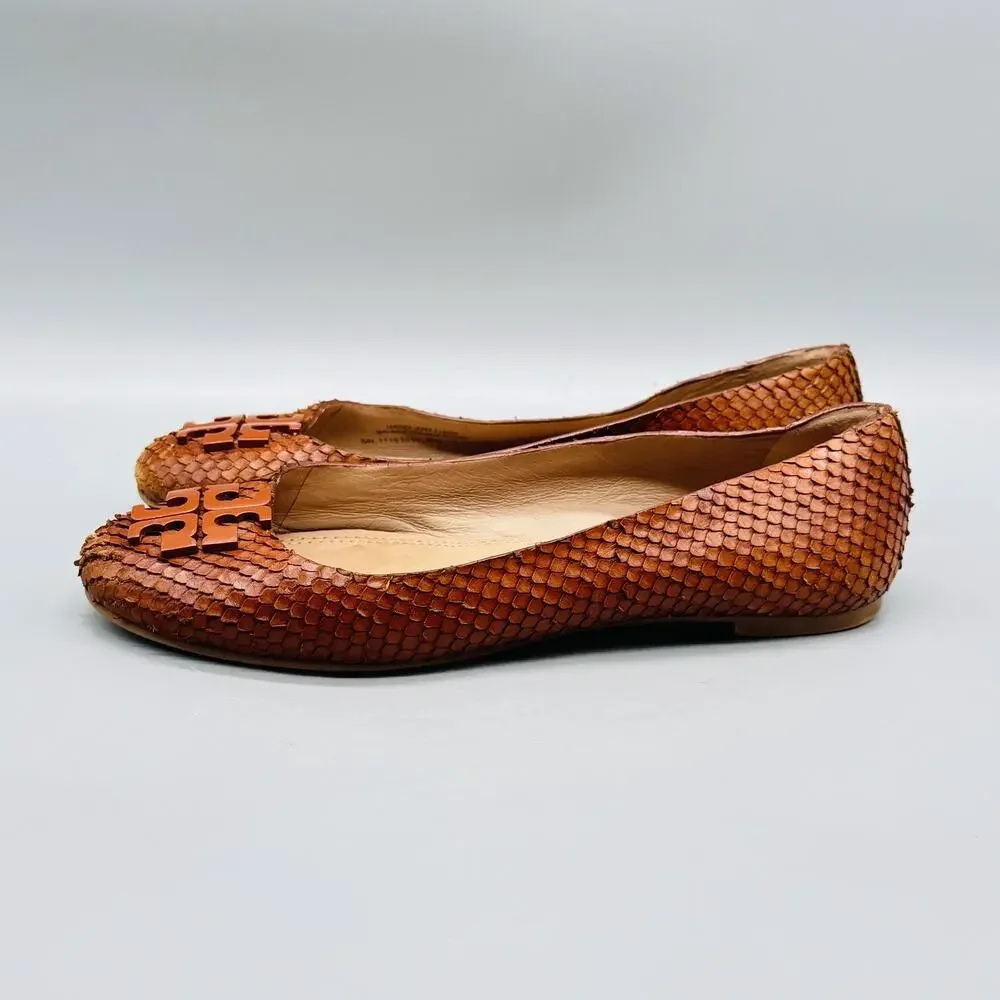 Tory Burch Shoes Womens 6 Brown Leather Snake Embossed Ballet Flats Logo Slip On